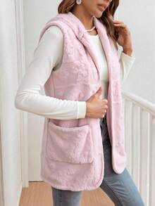 Chaleco Liso para Mujer Chaleco con estampado floral de Borreguita con Bolsillo y Capucha para Dama - Estilo Casual y Acogedor para Invierno. - Rosa - Ver 4