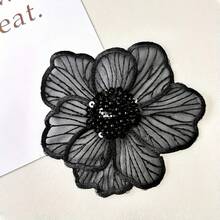 20/10pcs Black Lace Fabric With 3D Sequin Bead Flower Applique, Polyester Mesh Embroidery For DIY Clothing And Craft Decoration, Sewing Supplies