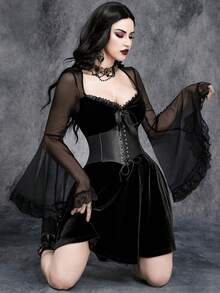 女式哥特式性感万圣节蕾丝拼接女巫袖天鹅绒连衣裙 - 黑色 - 查看 6