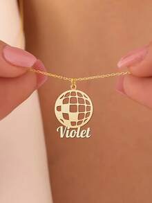 1 pieza Collar con colgante de bola de discoteca personalizada - Colgante de acero inoxidable dorado con grabado personalizado "Púrpura", joyería de estilo vintage para festivales de música y bares de karaoke, estilo de moda hip hop