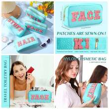 4 bolsas de cosmticos de nailon, organizador de viaje, con letras de chenilla, bolsa de maquillaje con cierre, impermeable, bolsa de aseo para mujeres y nias, Blanco cremoso, rosa claro, - Azul claro - Ver 1