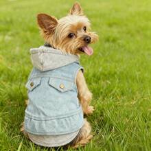 1件宠物猫/狗水洗牛仔连帽卫衣，带2合1抓绒背心外套 - 藍白色 - 查看 8