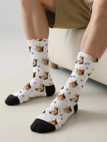1PC Unisex Cute Cat And Purple Heart Pattern White And Black Comfortable Casual Socks, Suitable For Daily Wear Or As A Gift For Pet Lovers, Available In Multiple Colors, An Excellent Gift For Friends On Birthdays And Holidays
