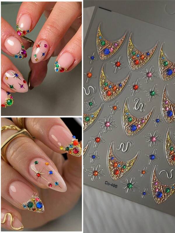 CoCo Notes 1 قطعة ملصق أظافر فرنسي مرصع بخرز اللؤلؤ الفضي بارز 3D، نجمة رباعية، صليب، ملصق فني للأظافر الجيلي الملون، ديكور أظافر DIY
