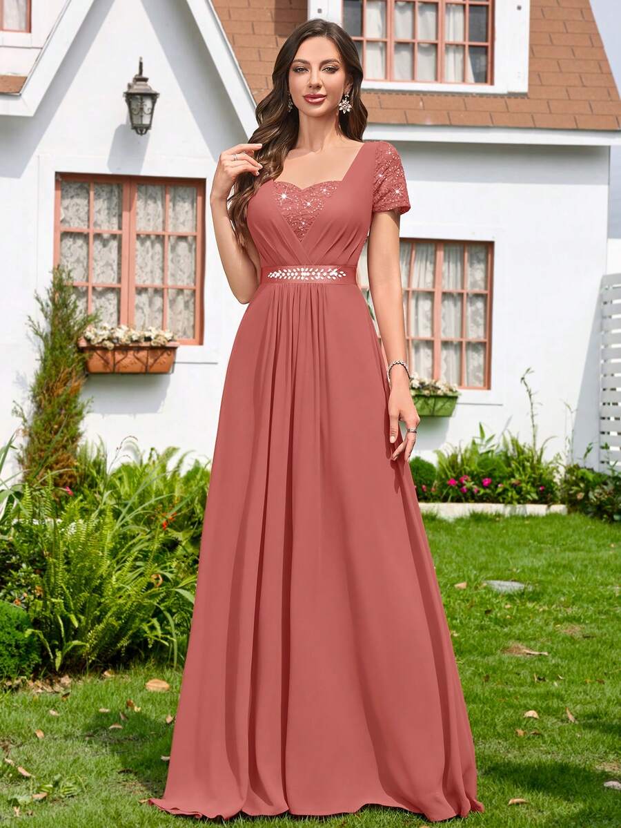 MIUSOL Đầm chiffon đính sequin, ren hoa, phối màu tương phản, cổ tim, thắt eo, viền bèo nhún, thích hợp làm đầm phù dâu, đầm dạ hội, đầm dự tiệc cưới mùa xuân.