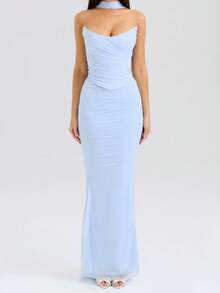 Sheath Top Lace Up Hanging Neck Slim Package Hip Skirt Dresses Dresses Party Prom - Màu xanh nhạt - Xem 6