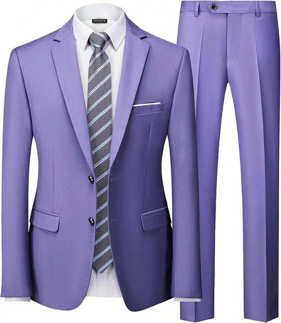 Traje de 2 piezas para hombre Hihawk, conjunto de pantalones sólidos de 2 botones, FGLB Navidad - Morado - Ver 1