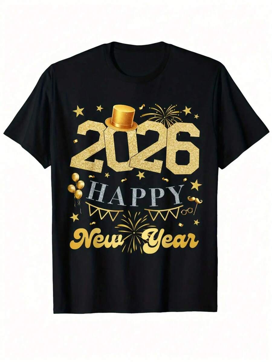 Camiseta Familiar de Año Nuevo 2026 para Hombre - Negra con Letras Doradas y Gráfico de Confeti, Tejido Elástico Retro Streetwear, Comodidad para Todas las Estaciones, Cuello Redondo Casual y para Exteriores, Ideal para Outfits en Grupo y Ropa para Fiestas de Año Nuevo, Idea de Regalo Única para Adultos (Corte Regular), Noche de Año Nuevo, Camiseta Gráfica para Hombre, Camiseta Divertida para Hombre, Camiseta Gráfica para Hombre, Camiseta Gráfica para Hombre, Camiseta Vintage para Hombre, Cami - Negro - Ver 1