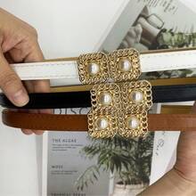 Women's Vintage Chain Pearl Waist Belt, Decorative For Coats, Shirts, Dresses, Metal Buckle Closure