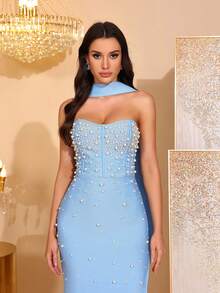 Elegant Beaded Decor Strapless High Slit Bridesmaid Dress, Bandage Party Gown - Baby Blue - View 10