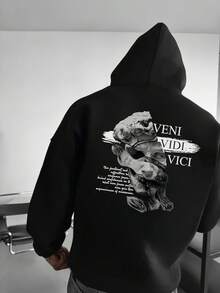 Men's Oversized Figure Graphic Thermal Lined Hoodie Sweatshirt, Street Style For Autumn/Winter, Long Sleeve Top - Black - View 5