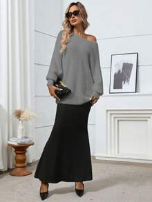 Plus Size Solid Color Batwing Sleeve Loose Pullover Sweater - Grey - View 7
