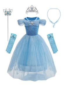 6pcs Set Light Blue Girl's Puff Sleeve Rhinestone Mesh Dress With Accessories, Children's Christmas & Halloween Party Costume Outfit - Light Blue - View 11