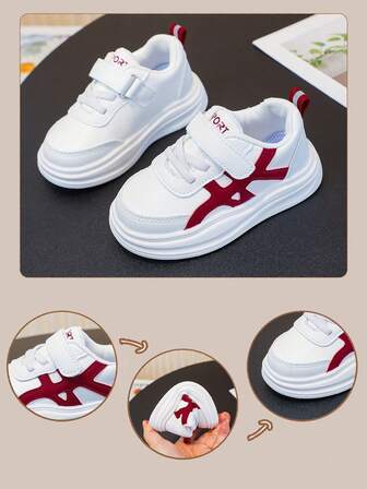 1 Pair Kids Sports Shoes, Burgundy Color Girls' Sports Shoes, 1 Pair Unisex PU Fabric Shoes, 1 Pair Toddler Boys' Hook And Loop Closure Shoes, 1 Pair All-Season Casual Shoes, 1 Pair Fashionable Geometric Pattern Shoes, Shoe Insole Length 13.5-18.2cm, Versatile Children Shoes