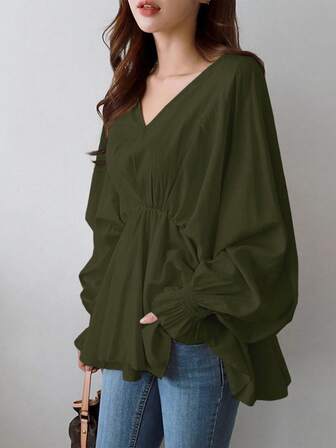 Plus Size Women's Daily Simple V-Neck Asymmetrical Shirts In Spring And Summer Women's Loose Pleated Waist Shirts Casual Lantern Sleeves Women's Long-Sleeved Shirts
