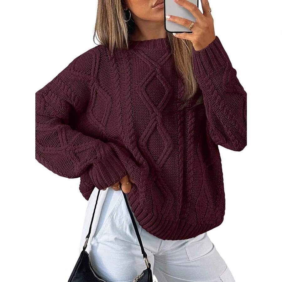 2025 Women's Oversized Cable Knit Crewneck Sweaters - Wine Red - View 1