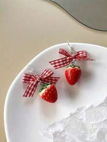 1pair Cute Strawberry Cake Design Earrings Sweet Bowknot Decor New Arrival For Women/Girls Valentines,Mom,Mother,Mother's Day,Gift - 紅色 - 查看 2