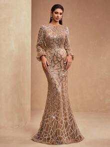 New Luxury Elegant Women's Formal Mermaid Maxi Dress With Sequins, Sequins, Lace Patchwork, Lantern Sleeves, Round Neck, Suitable For Formal Parties, Galas, Banquets - 咖啡棕 - 查看 5