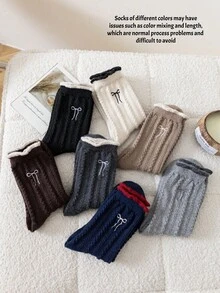 1/2/3/5 双装女士中筒袜，适合秋冬季节，可爱蝴蝶结图案，保暖舒适，可搭配靴子，厚羊毛袜，舒适袜