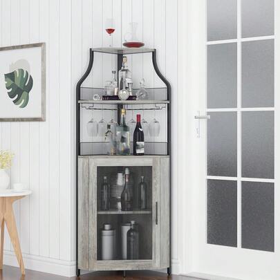 Belect 4-Tier Corner Wine Bar Rack Cabinet With Detachable Wine Rack, Bar Cabinet With Glass Holder, Free Standing Corner Storage Cabinet With Mesh Door For Home Kitchen Dining Room