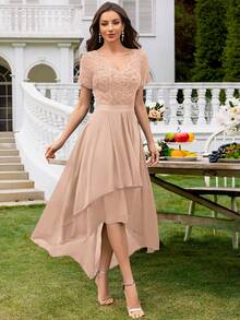 MIUSOL Đầm maxi dạ hội bằng chiffon ren hoa cổ chữ V, xếp ly vạt trước ngắn vạt sau, thích hợp cho đám cưới, tiệc mùa xuân. - Rượu sâm banh - Xem 5