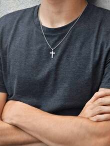 1pc Stylish Stainless Steel Cross Pendant Necklace, Washable And Non-Fading, Non-Tarnishing, Great Gift For Men, Suitable For Daily Wear And Parties - 金色 - 查看 2