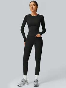 NcmRyu 1 Set Women's Stretchy Tight Cycling, Dance, Fitness, Yoga Activewear Outfit Black Spring - 黑色 - 查看 5