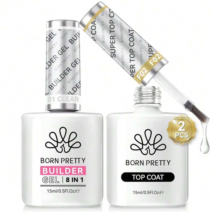 Glossy Top Gel, Clear Builder Nail Gel For Nails, 8 In 1 Nail Strengthener In A Bottle, Builder Extension Gel For Nails Shine Finish And Long Lasting Nail Protection Soak Off 15ml 2pcs{"Color_name":"15mlTopCoatandClearBuilderGelSet"} - 15毫升TopCoat和ClearBuilder凝膠套裝 - 查看 1