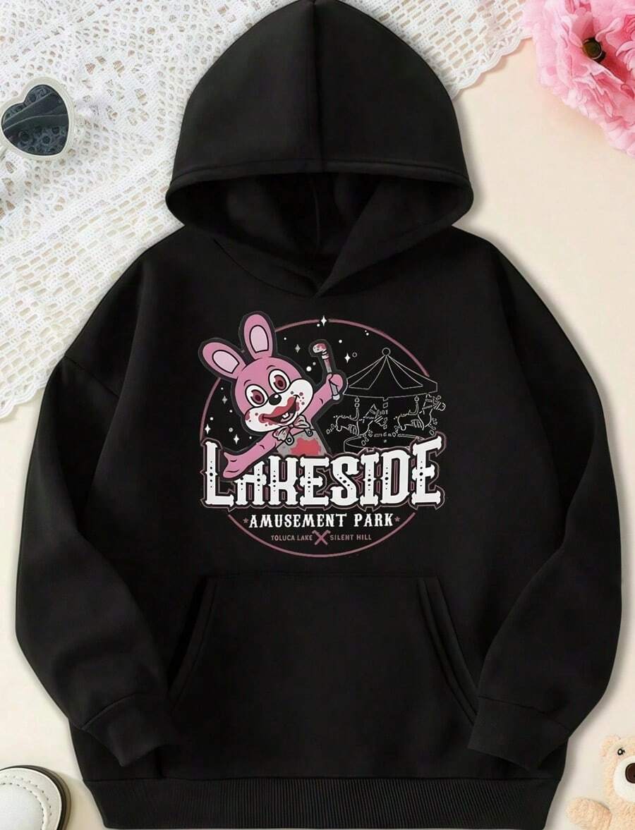 Lakeside Bunny_Cartoon Printed Horror Hoodie,Fall Hoodies,Men's Fall Clothes,Street Wear,Halloween,Mens Hoodies,Y2k Clothes,Jesus Hoodie,Thanksgiving Day,Nightmare Before Christmas,Christmas - 黑色 - 查看 1