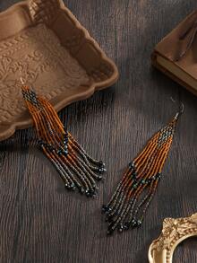 2 piezas Pendientes de borla con cuentas bohemios hechos a mano, estilo vintage, con patrón geométrico de diamante de color oscuro, con borlas oscilantes, decorados con cristales artificiales, accesorios elegantes y de moda adecuados para mujeres, vacaciones, fiestas, uso diario casual, gran idea de regalo