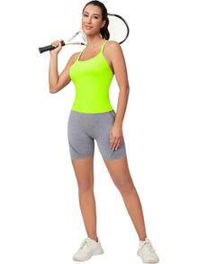 Workout Tops Women With Built In Bra, Sleeveless Gym Tops Seamless Racerback Athletic Yoga Shirts, Activewear - 螢光綠 - 查看 10