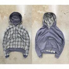 Autumn And Winter Hooded Sports Sweater Set Fake Two Pieces Front And Back Wear Y2K Plaid Shirt Zipper - 2 - 查看 7