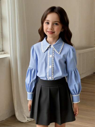 Mädchen elegante Cord-Strickjacke, blaue Cord-Patchwork Bluse mit weißer Spitzenborte, modisch und anmutig, geeignet für Lässig und Alltagstragen im Herbst/Winter