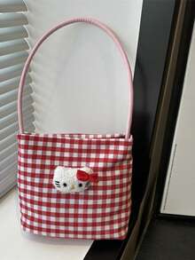 Sanrio Plaid Tote Bag Women's Cute Cartoon Check Pattern Shoulder Bag Lightweight Spacious Hobo Purse Kawaii Aesthetic Casual Daypack Gift Idea - Multicolor - View 5