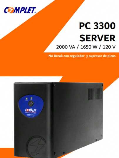 egulador con Respaldo de Energía – No Break con Supresor COMPLET PC 3300 SERVER 2000VA / 1650W  El PC 3300 SERVER de COMPLET es más que un regulador: además de estabilizar el voltaje, integra respaldo tipo No Break, brindando protección y continuidad para tus equipos. Ideal para cómputo, oficinas y negocios que requieren confiabilidad.