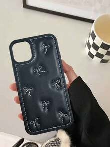 Bow-Knot 1pc Black Korean Ins Style Fashion Soft Leather Embroidered Bowknot Phone Case, Compatible With IPhone 13, 14, 15, 16, 17, 11, 12, 13, 14 Pro, 14/15/16 Plus, Anti-Drop Protection Cover
