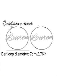 70mm Round Hoop Earrings Customized Name Earrings, Fashionable Personalized Bohemian Style Stainless Steel Gold Cursive Letter Handmade Exaggerated Hoop Earrings, Party Jewelry Birthday Holiday Gift For Her, Christmas Present - Silver-sandblasting - View 6