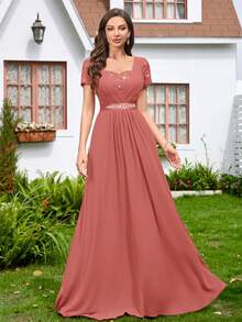 MIUSOL Đầm chiffon đính sequin, ren hoa, phối màu tương phản, cổ tim, thắt eo, viền bèo nhún, thích hợp làm đầm phù dâu, đầm dạ hội, đầm dự tiệc cưới mùa xuân. - Bụi hồng - Xem 5