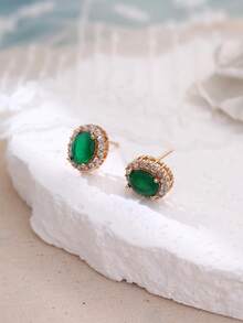 1 Pair Minimalist Zirconia Emerald Stud Earrings, Gold-Plated Oval Earrings Accessories - Multicolor - View 2