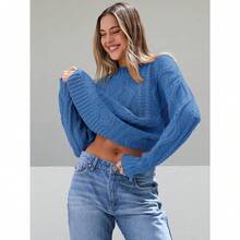 2025  Women's Oversized Cable Knit Crewneck Sweaters - Azure Blue - View 4