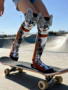 1 Pair Cute Raccoon Pattern Over-The-Knee Socks With 3D Ear Decor, Fashionable And Versatile Design Suitable For Children To Wear In Autumn/Winter Occasions Such As Parties, Holidays, Casual, Outdoor Activities, Dance Performances, Cosplay, And School. - Grey - View 9