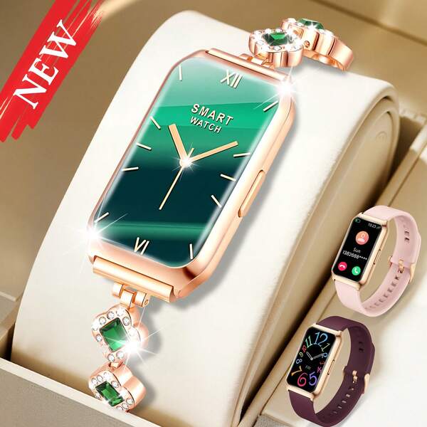 Smart Watch For Women, Answer/Make Calls, Pedometer, Distance, Female Menstrual Cycle And Sleep Monitoring Functions, Exquisite Gemstone Design, Comes With 2 Silicone Straps, Compatible With Android Systems.