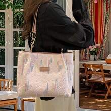 Womens Canvas Tote Bag Zipper Closure Stylish Embroidered Large Capacity Shoulder Bag - Pink - View 5