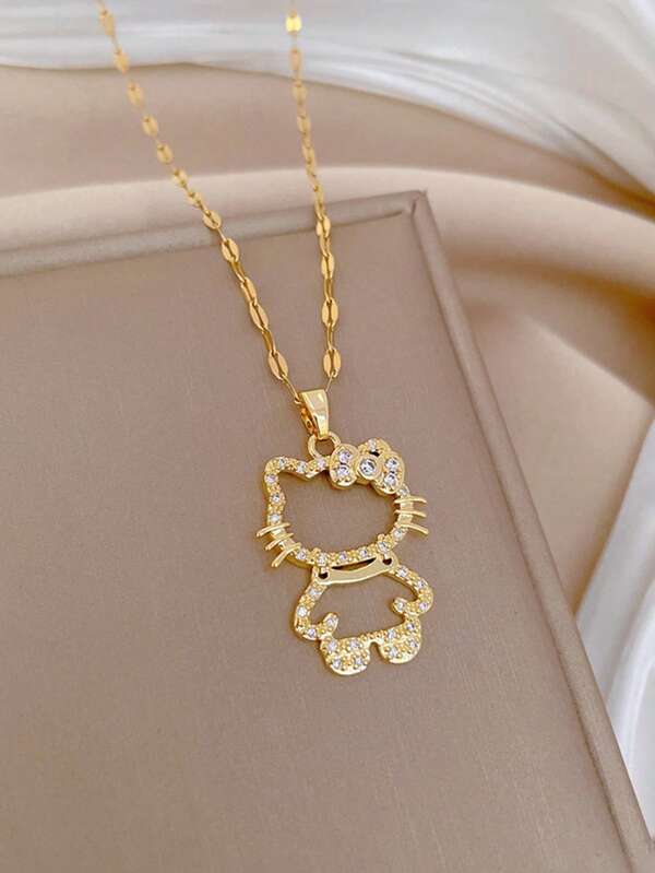 Sanrio Sanrio 1pc SANRIO Hello Kitty Gold Necklace Full Diamond Necklace Women's Versatile Clavicle Chain Sweater Chain
