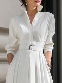 DONICY 女士纯色翻领褶裥长袖连衣裙，时尚优雅休闲百搭白色连衣裙，适合约会、购物、轻度社交活动、商务场合、日常休闲穿着、情人节、嘉年华等场合。 - 白色 - 查看 7