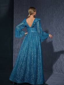 荷叶边领刺绣蕾丝长袖高端晚礼服 - 藍色 - 查看 2