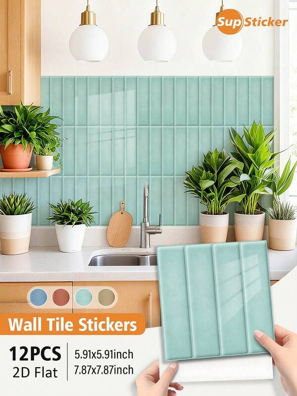 12pcs 5.91x5.91/7.87x7.87inch Minimalist Morandian Style Tile Wallpaper Stickers, PVC Material Self-Adhesive Removable Wall Decals, Waterproof, Oil-Proof, Easy To Clean, Suitable For Kitchen, Bathroom, Entryway, Furniture DIY, Home Renovation And Decoration