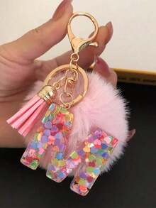 1 Pc Alphabet Initial Letter Keychain Cute Plush Pom Key Chain Ring Bag Backpack Charm Car Hanging Pendant Women Girls Gift,Cute Sequins Resin Key Chain,Wallet And Handbag Accessories, Keychain With Tassels,Alphabet Initial Letter A-Y School - 粉色 - 查看 12