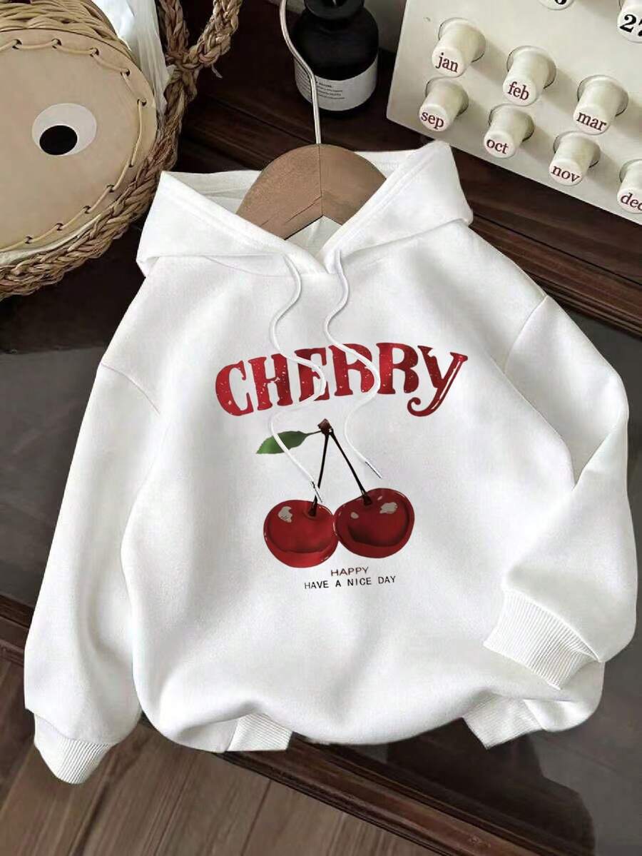 Chaqueta con Capucha para Mujer de Cereza Negra con Estampado Gráfico y Letras Rojas en Relieve, Diseño Frutal, Sudadera Casual con Cordón Ajustable, Lavable a Máquina, Cómoda para Todas las Estaciones, Duradera - Blanco - Ver 1