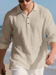 Men's Lightweight Linen Long Sleeve Polo Shirt, Half-Zip Button Design, Breathable And Comfortable, Suitable For Beach, Outdoor Activities, Family Gatherings (Note: White, Light Blue, Khaki, Etc. Colors Are Slightly Sheer; European And American Sizes Run Large, Recommend Ordering One Size Down) - Khaki - View 2